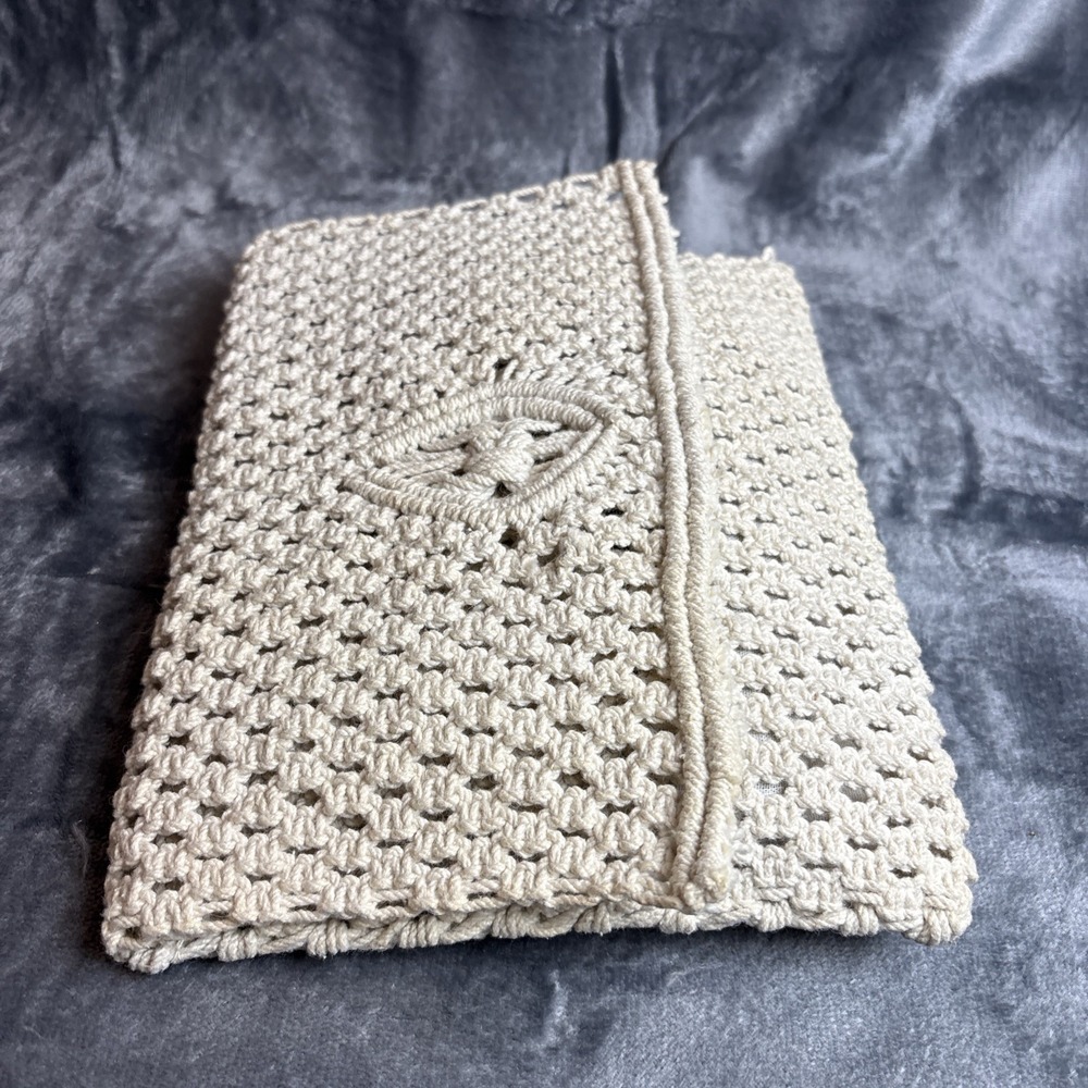 Vintage Macrame Clutch Mister Ernest Cream Cotton Boho 70s Handbag Wallet - Picture 8 of 16